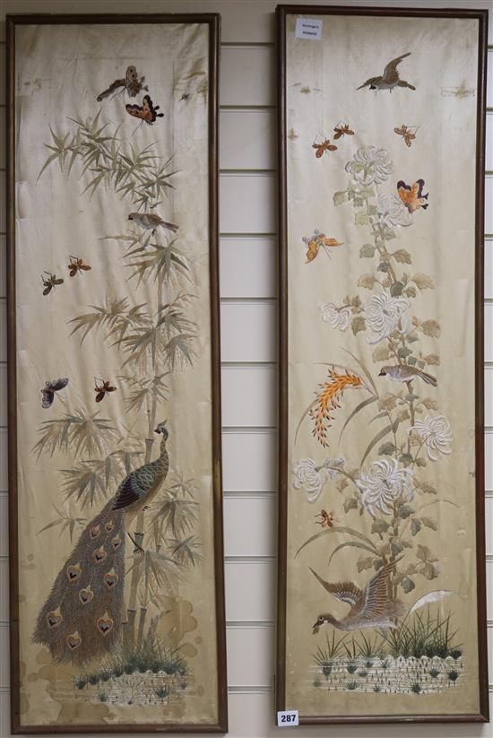 A pair of Chinese silkwork panels 107 x 29cm